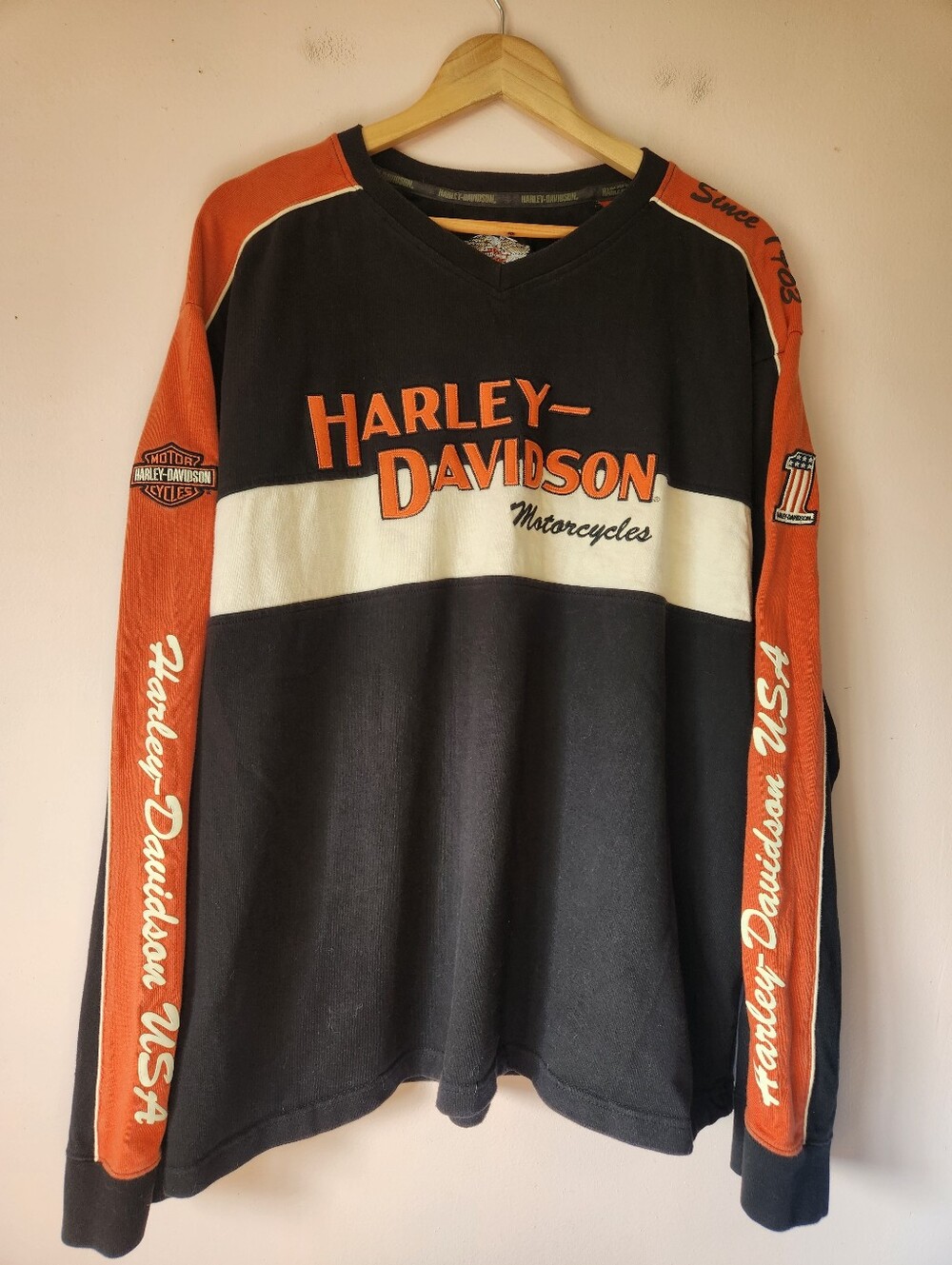 Vintage Y2K Harley-Davidson Embroidered Colorblock V-Neck Biker Shirt 2XL